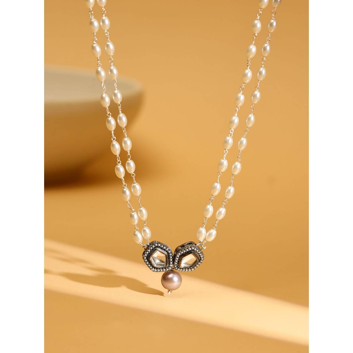 Ruby Raang Studio Beaded Chain With Kundan Drop Necklace -White