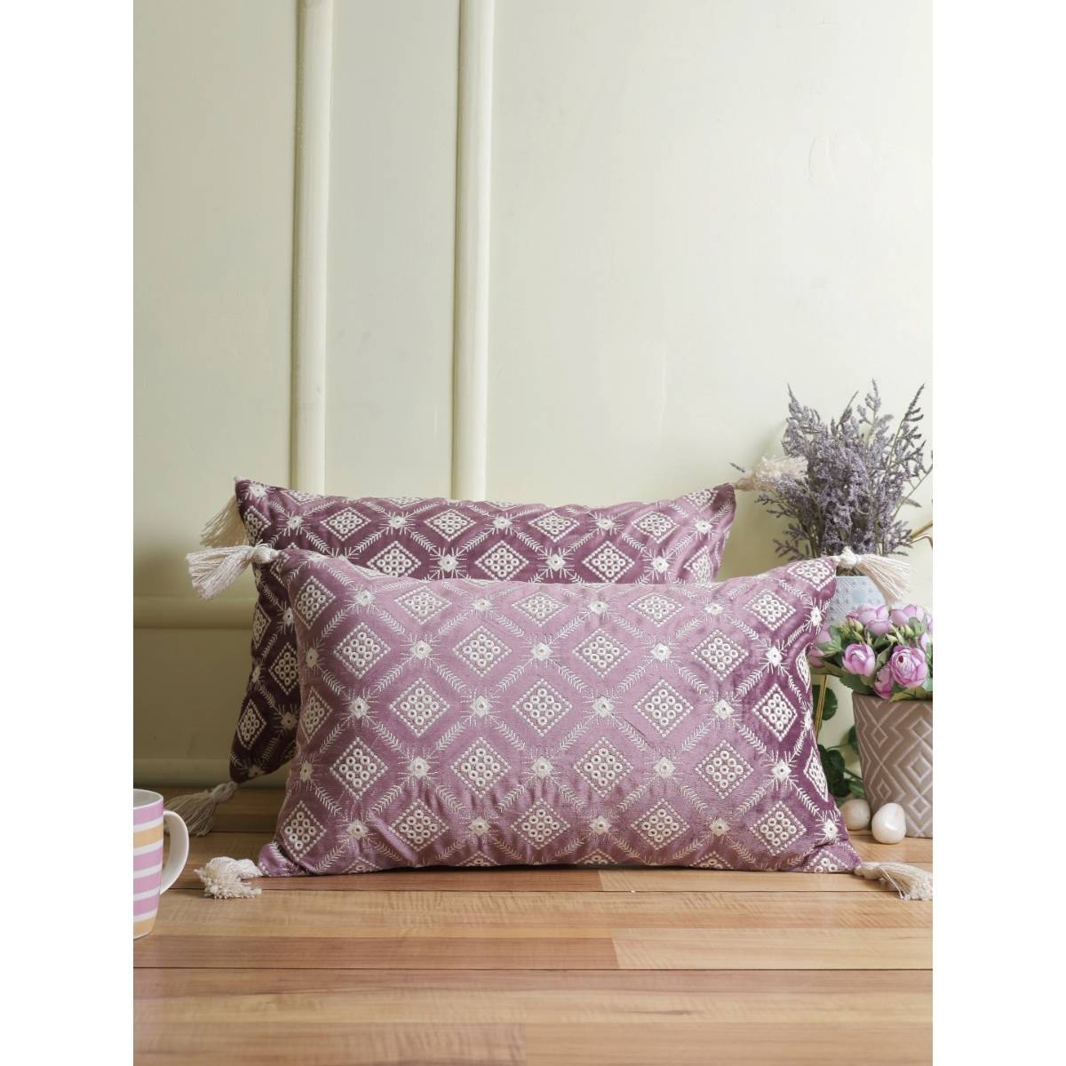 eyda Super Soft Purple Color Set Of 2 Embroidered Cushion Cover-12X20 Inch