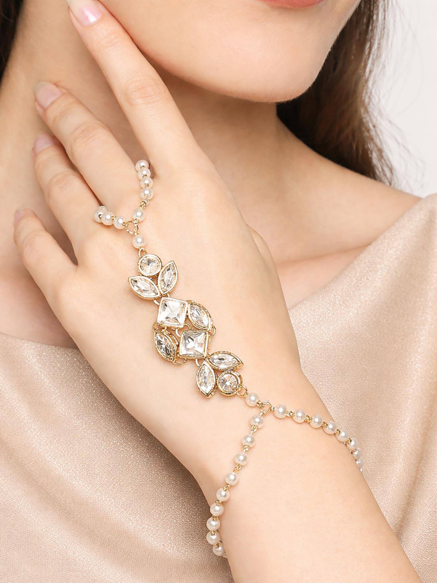 OOMPH Jewellery Gold Tone Kundan & Pearls Hathphool Bracelet with Ring