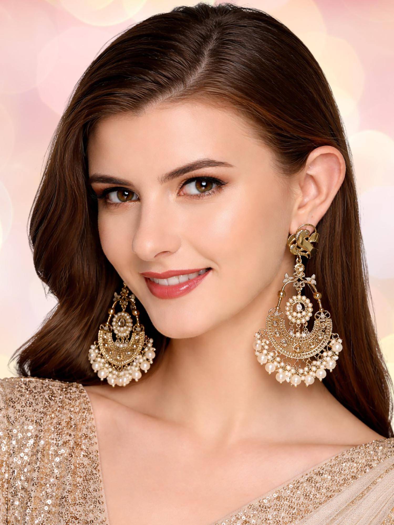 OOMPH Gold Tone Pearls & Stones Peacock Design Long Chandbali Earrings