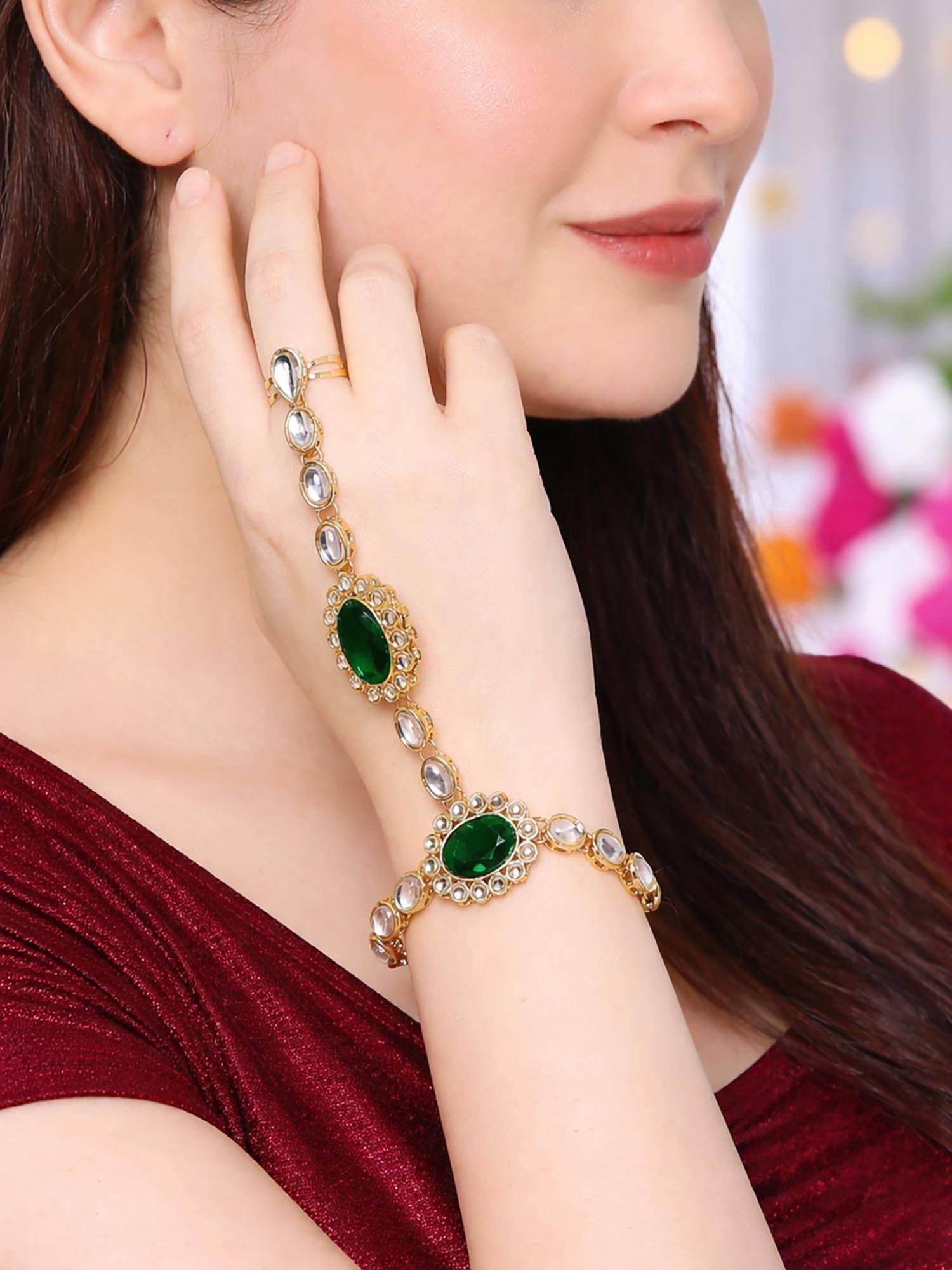 OOMPH Green and White Stones and Kundan Statement Hathphool