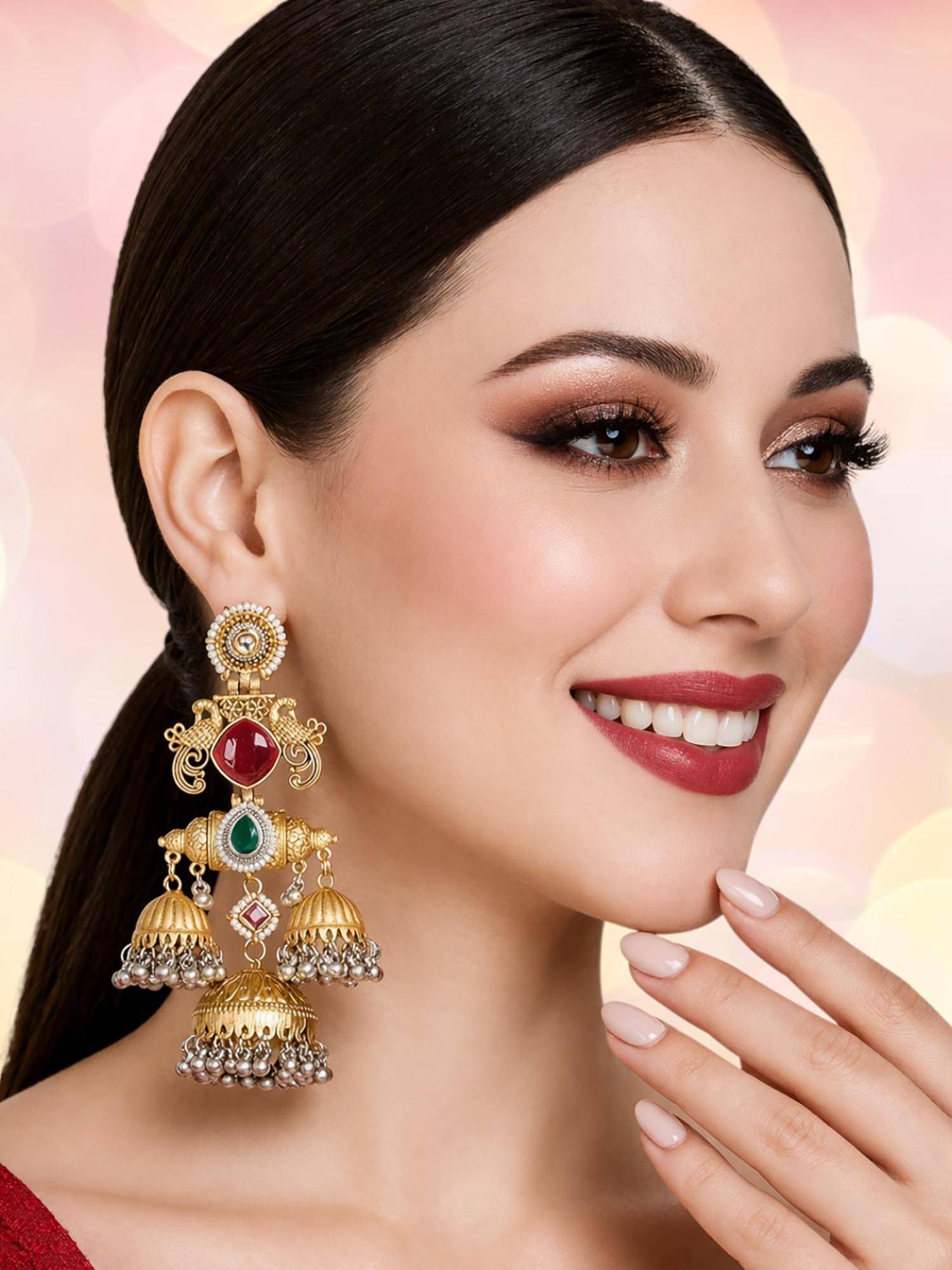 OOMPH Matte Gold & Silver Large Kashmiri Jhumka Earrings