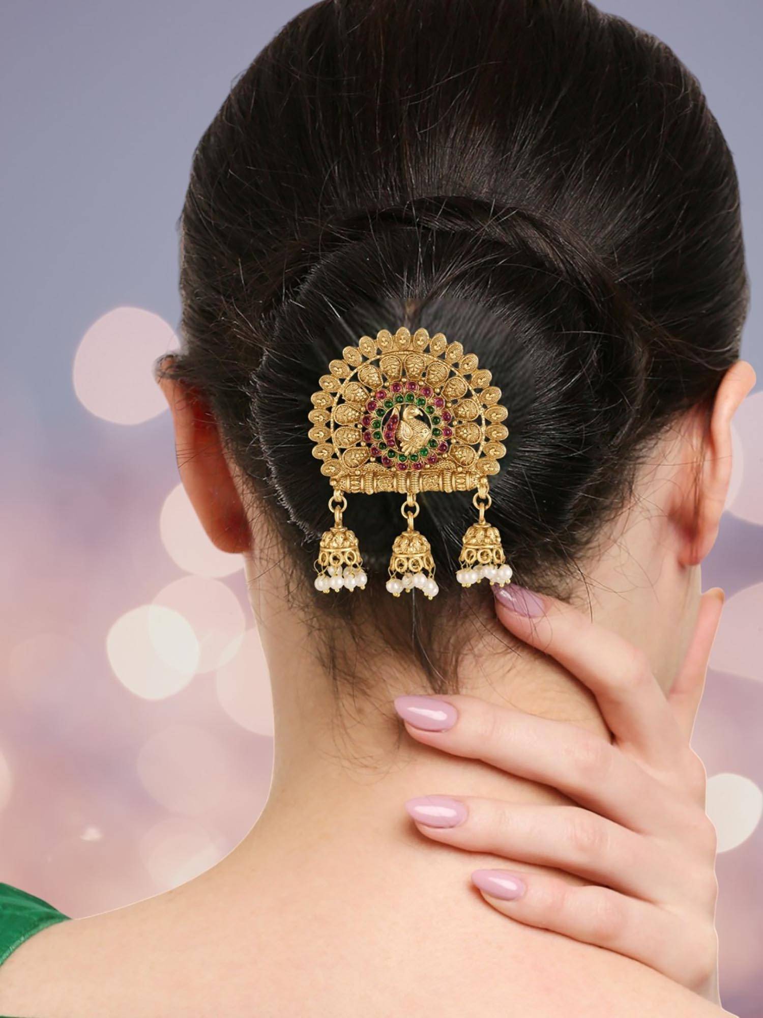 OOMPH Gold Ethnic Hair Bun Pin Juda Pin - Kempu Stones - Peacock Design