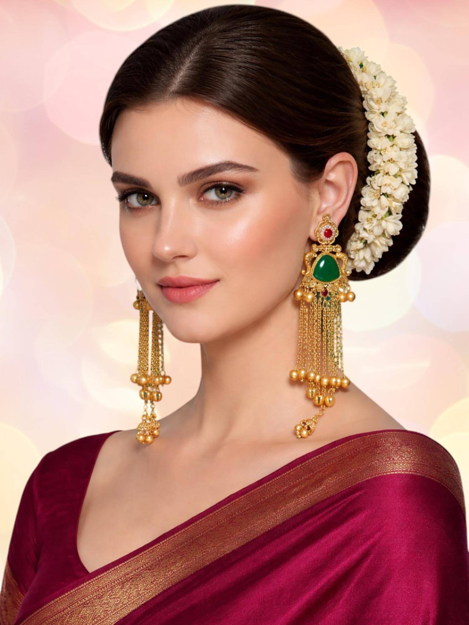 OOMPH Long Kashmiri Drop Earrings - Floral Design with Ghungroo Detailing