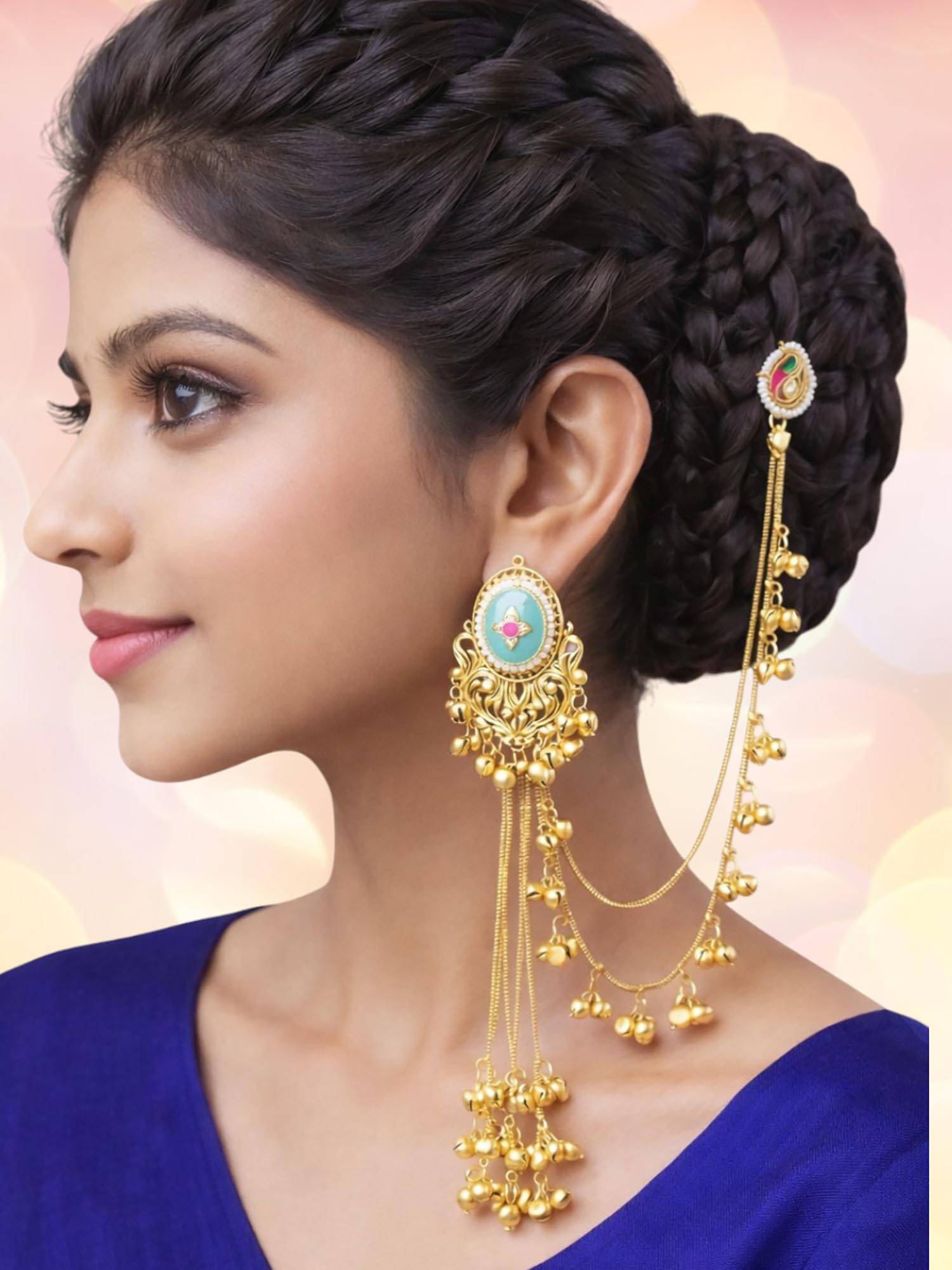 OOMPH Multi-Color Gold Heritage Kashmiri Dangler Earrings with Ear Chain