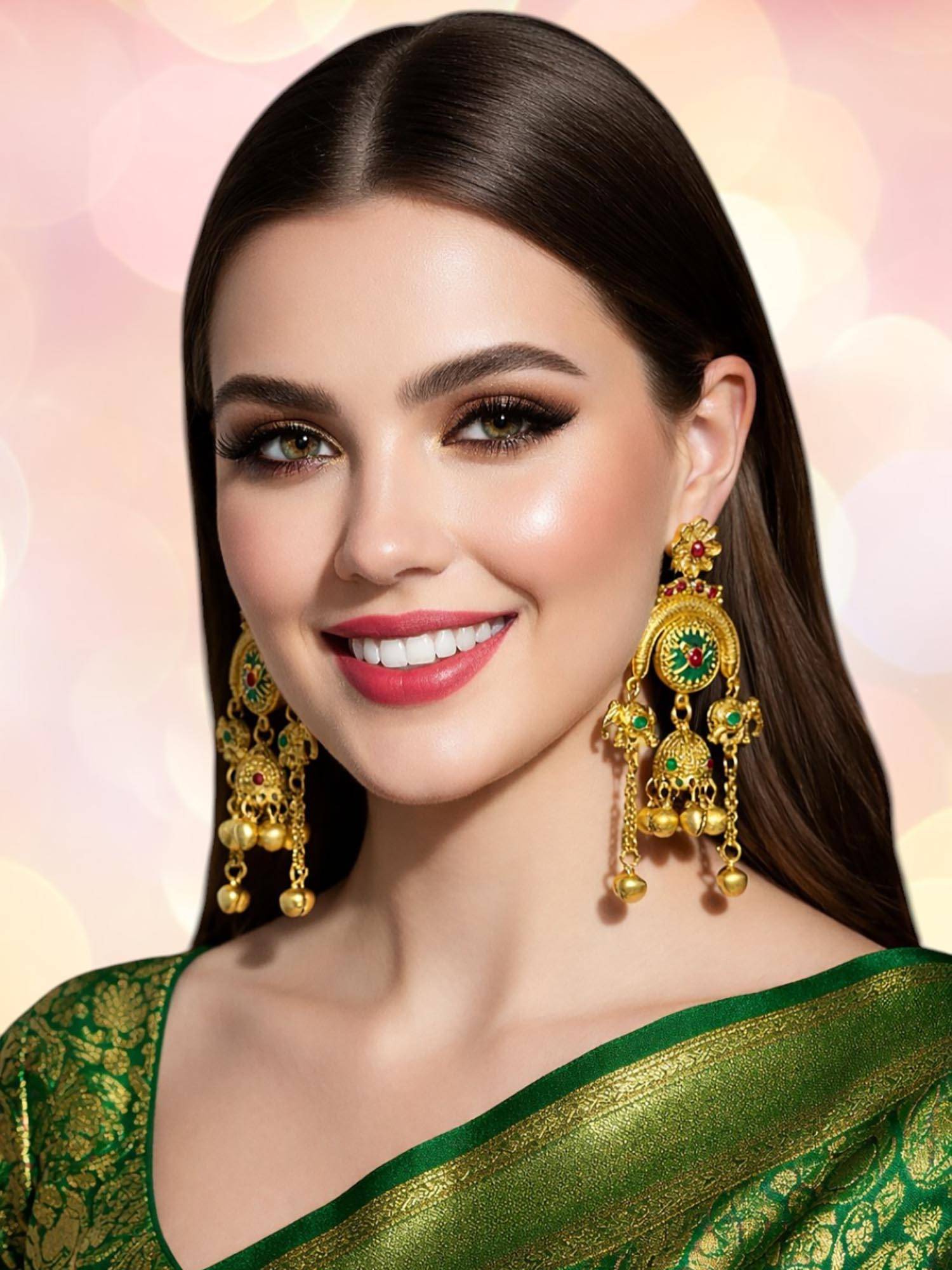 OOMPH Multi-Color Gold Heritage Kashmiri Elephant Design with Ghungroo Jhumka Earrings