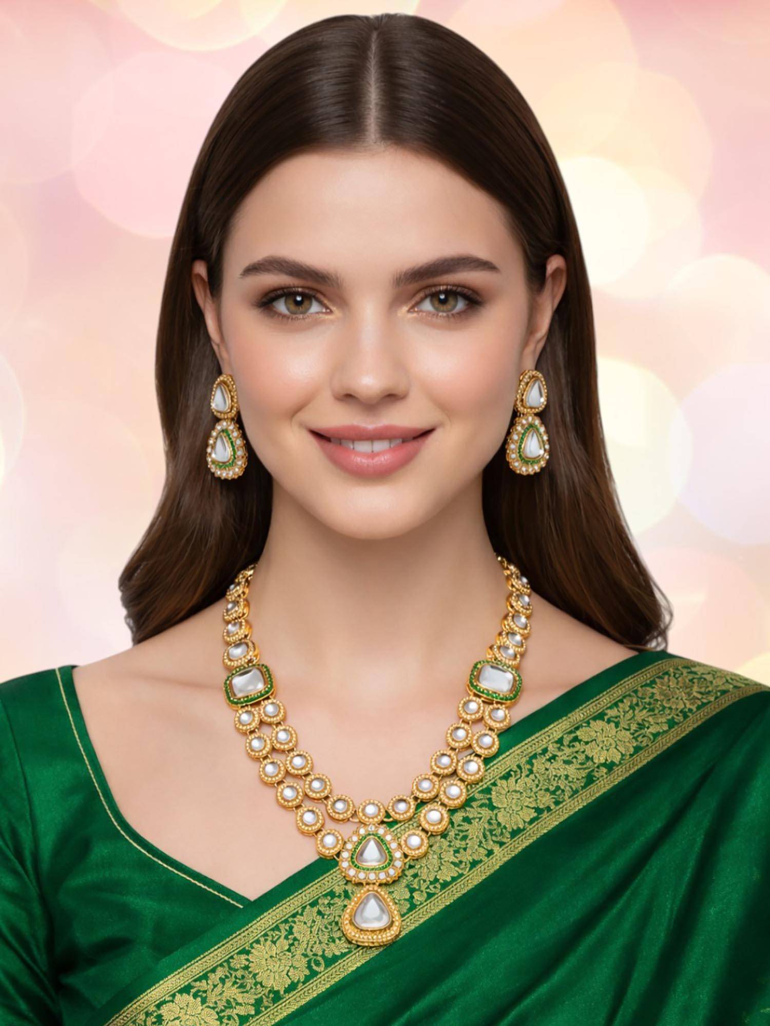 OOMPH White Stones Kundan Jadau Necklace with Earrings