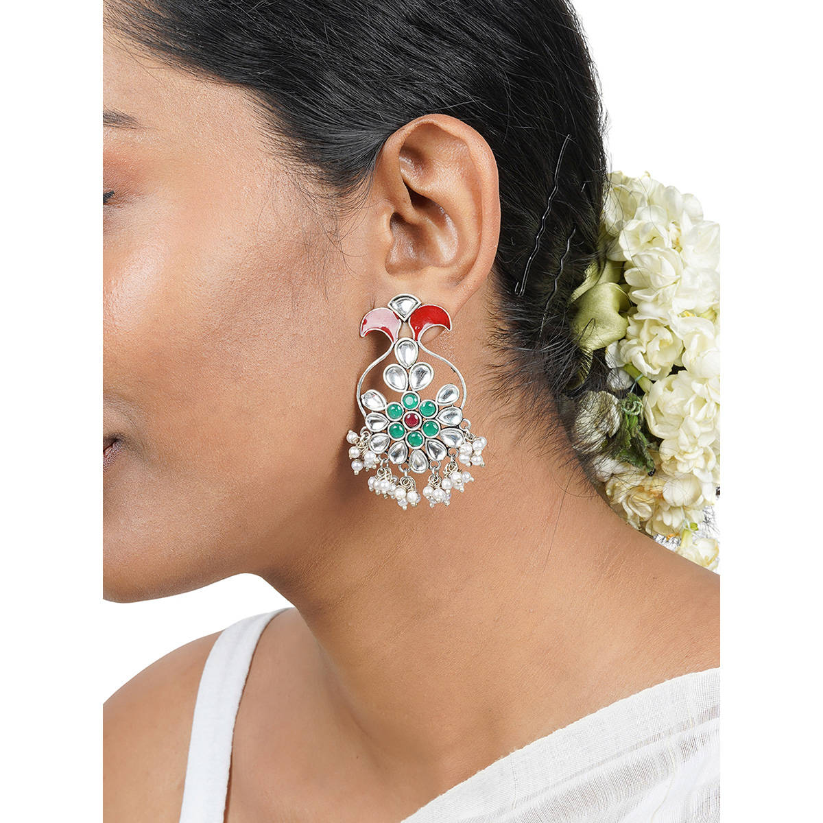 Teejh Roopangi Red and Green Silver Oxidised Earring
