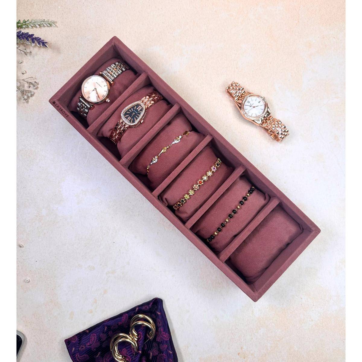 La Trove Pink Velvet 6 Slots Watch & Bracelets Storage Organizer Display Tray