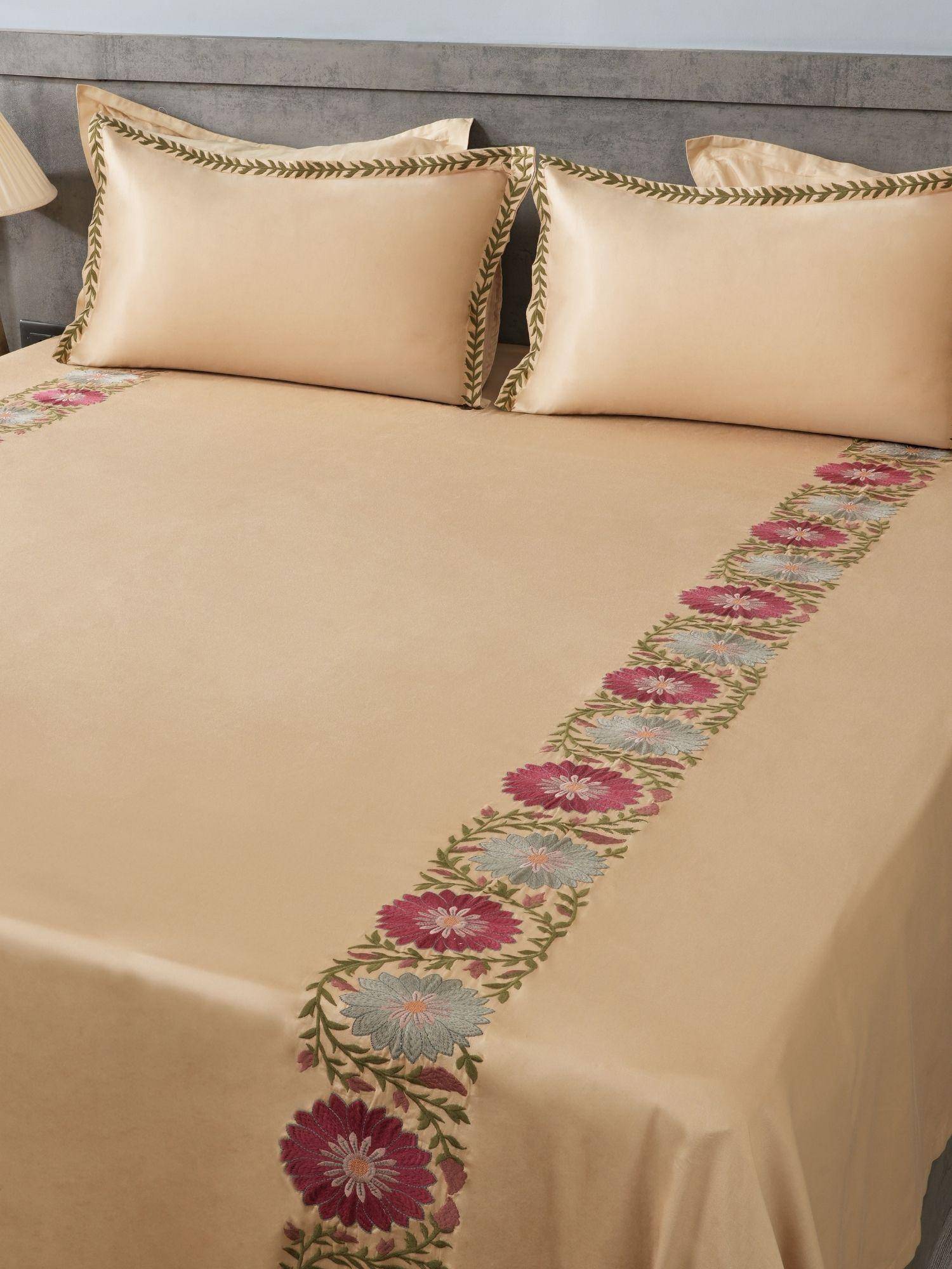 House of Owlet Cashmere Beige 100%Cotton Embroidered Super King Bedsheet With 2 Pillow Covers