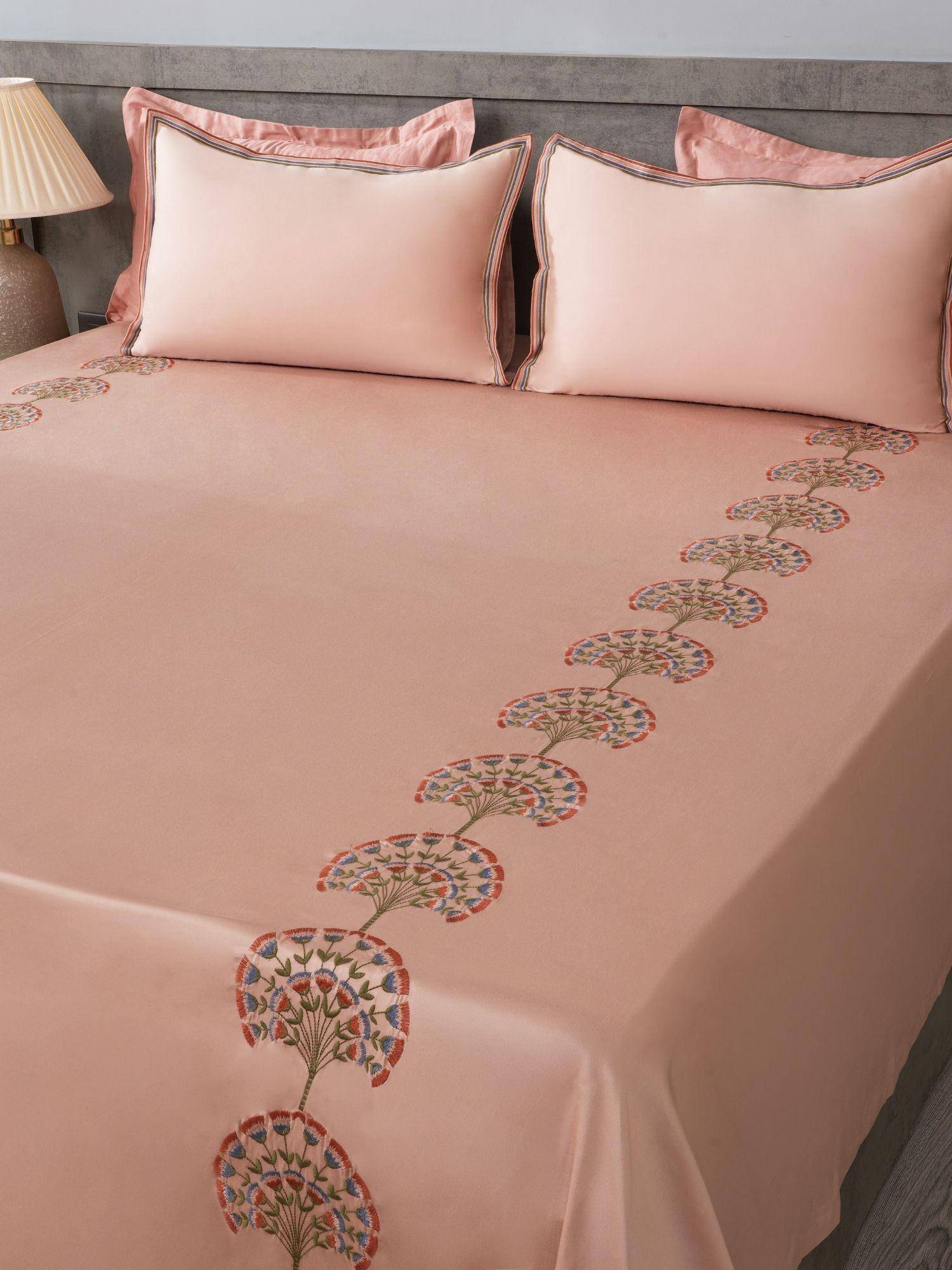 House of Owlet Champagne Rose 100%Cotton Embroidered Super King Bedsheet With 2 Pillow Covers