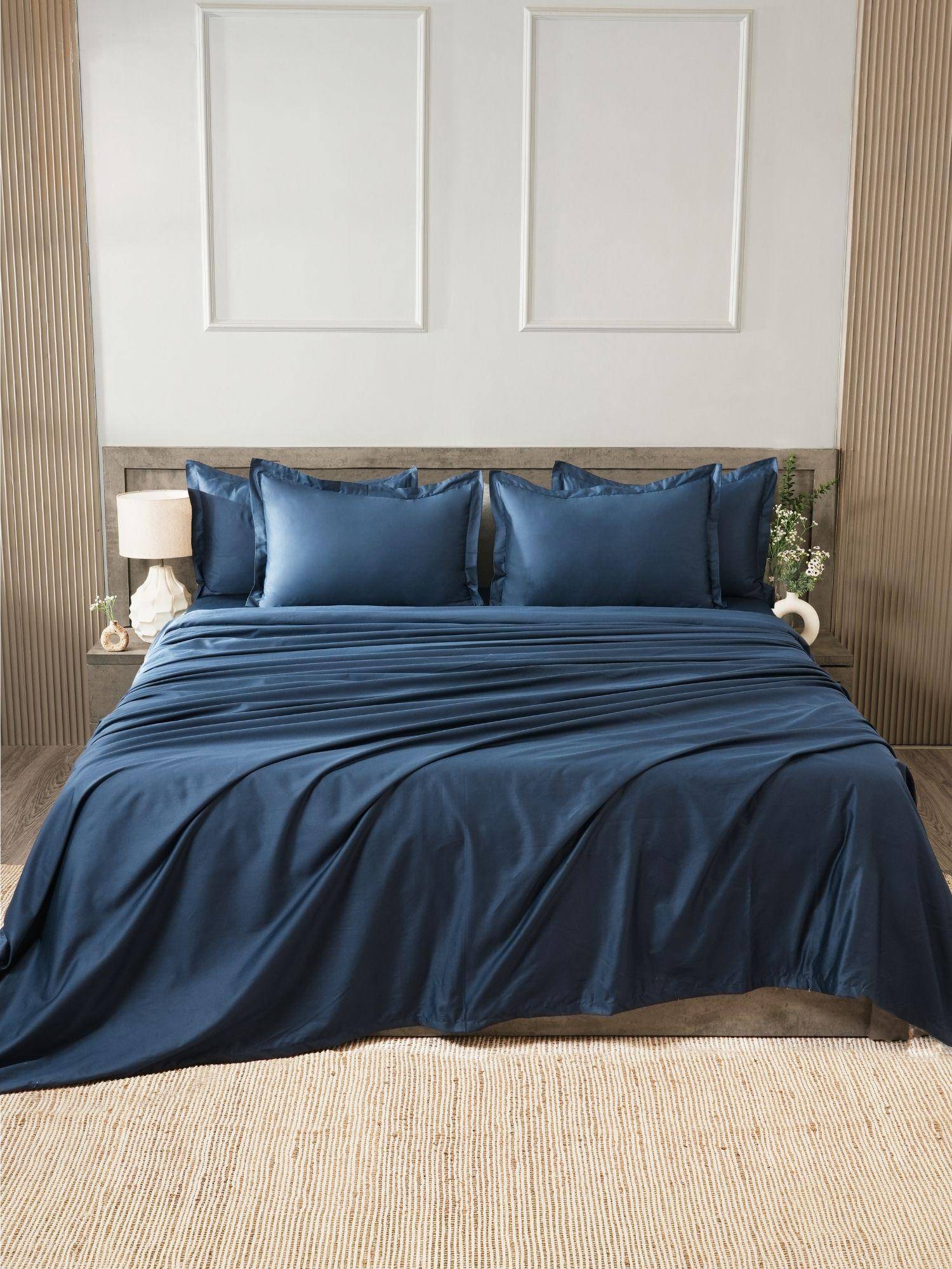 House of Owlet Misty Denim Solids 400TC 100% Cotton Flat Super King Bedsheet with 2 Pillow Covers