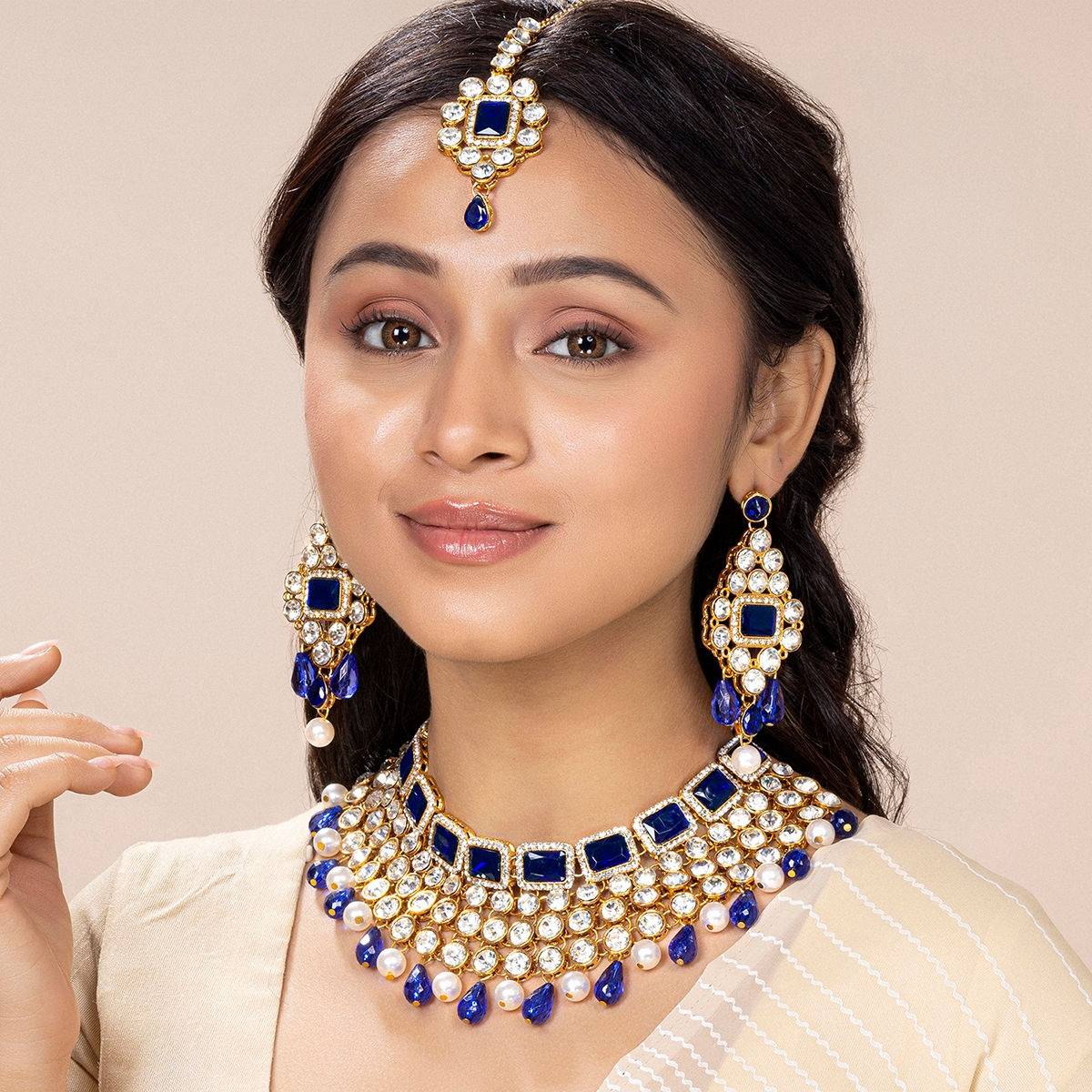 Peora Brass Blue Choker Designer Gold Plated Necklaces Set For Women (PF25N708B)