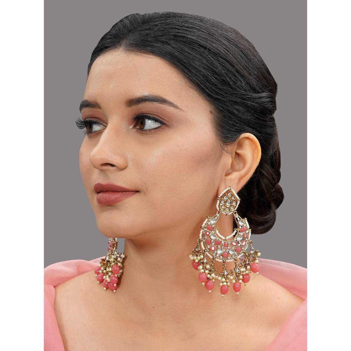 Designbox Gold Tone Chandbali with Peach Stones and Kundan