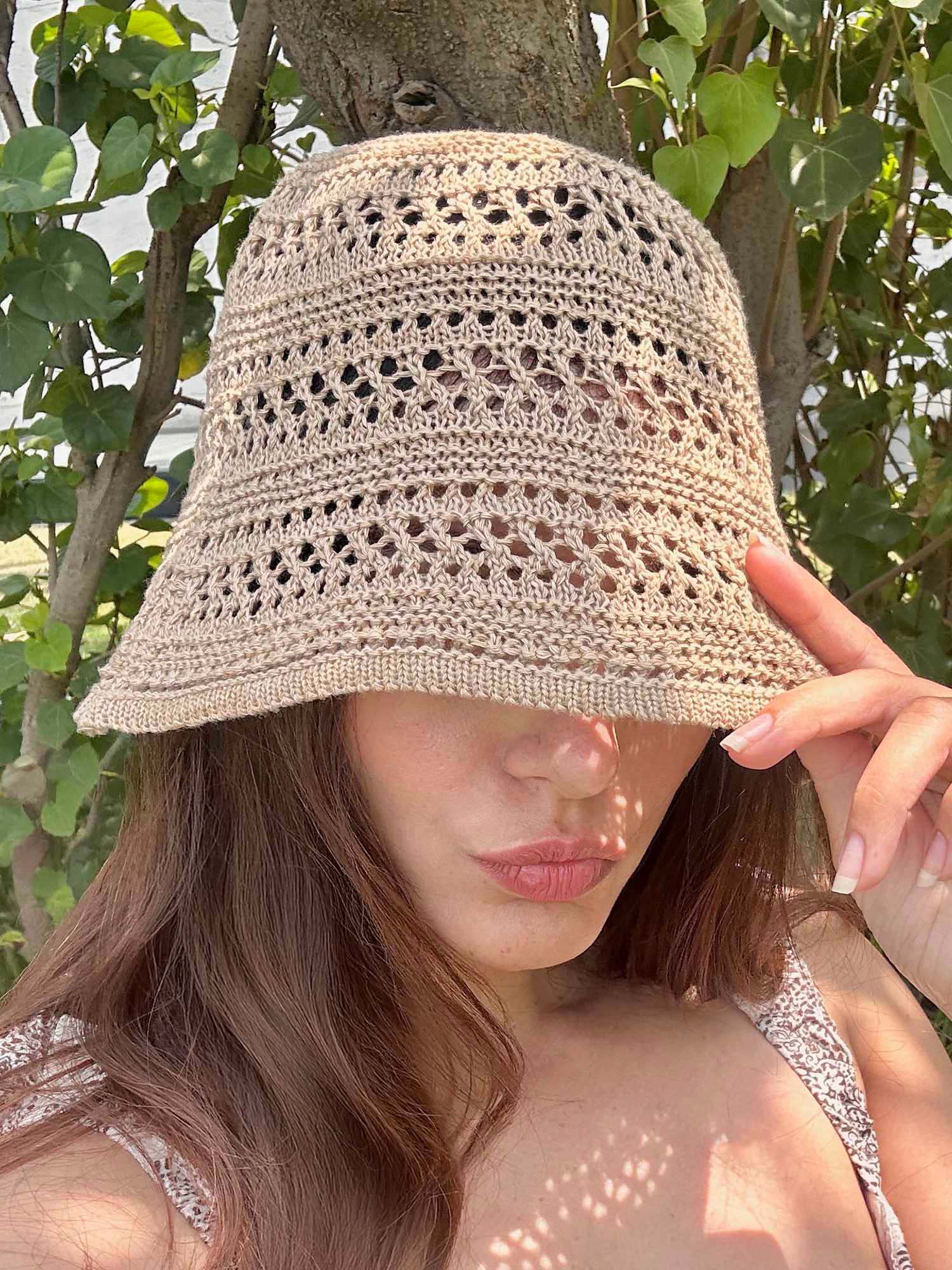 Hair Drama Co. Hollow Knitted Crochet Sun Bucket Hat - Beige