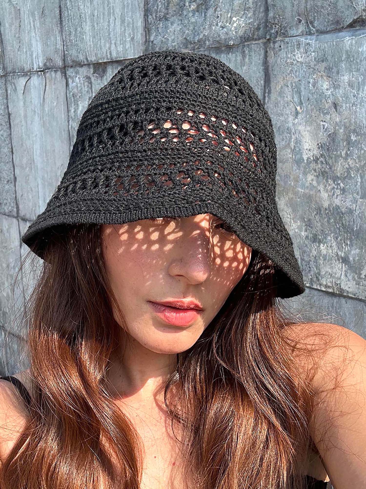 Hair Drama Co. Hollow Knitted Crochet Sun Bucket Hat - Black