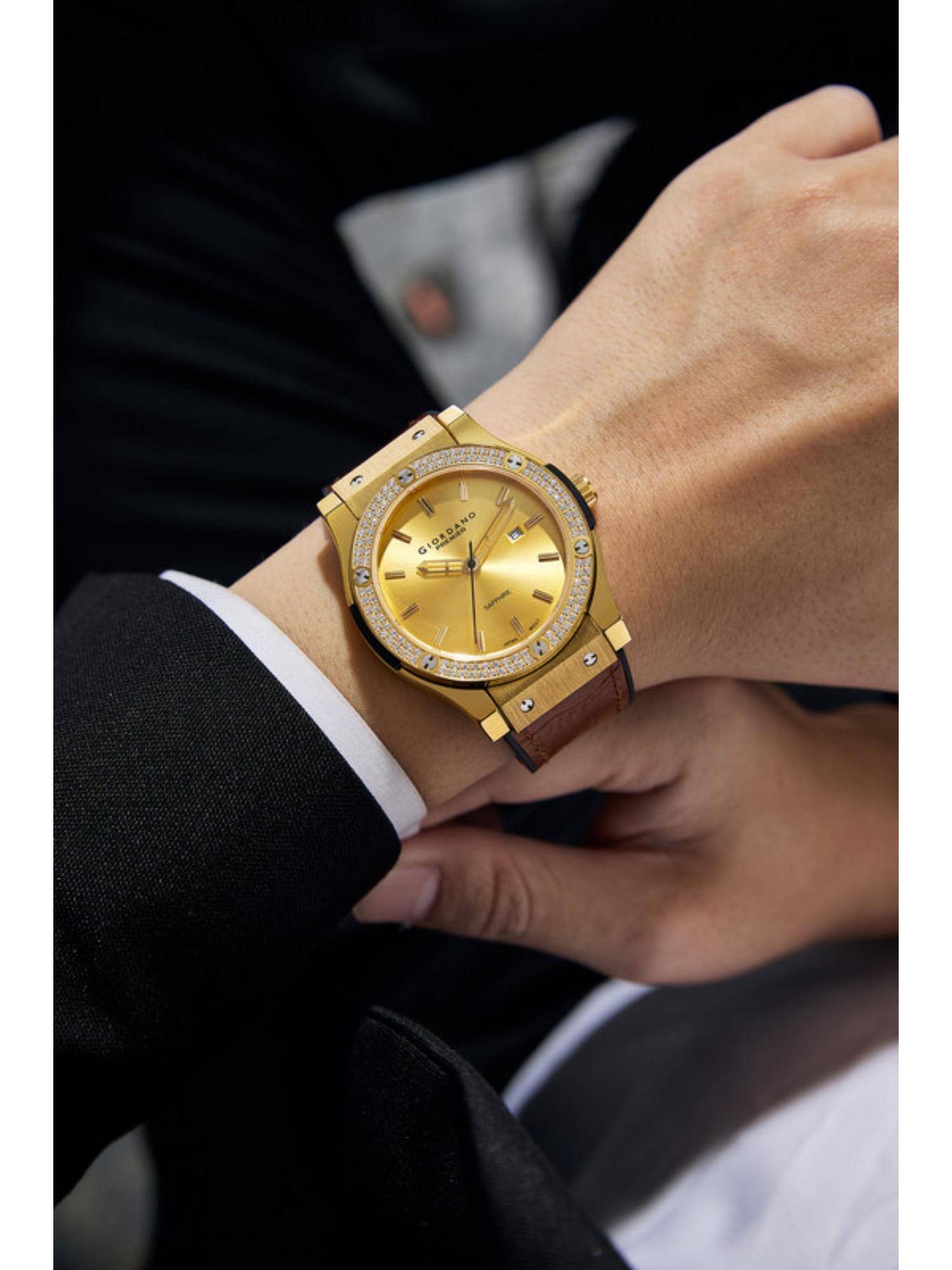 Giordano Leather Strap Gold Dial Analog Quartz Watch (Gz-50227) (M)