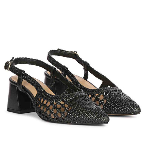 Saint G Black Hand Woven Leather Block Heeled Mules (UK 3)