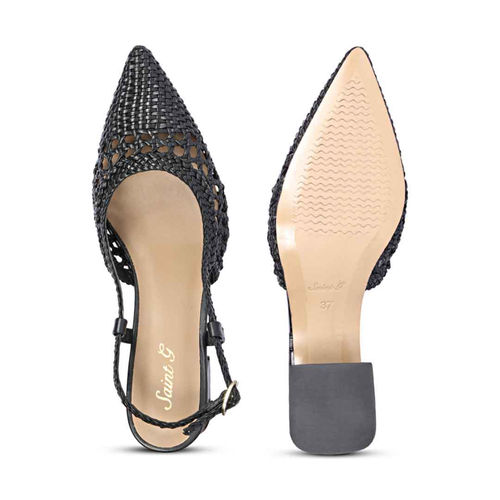 Buy Saint G Black Hand Woven Leather Block Heeled Mules Online