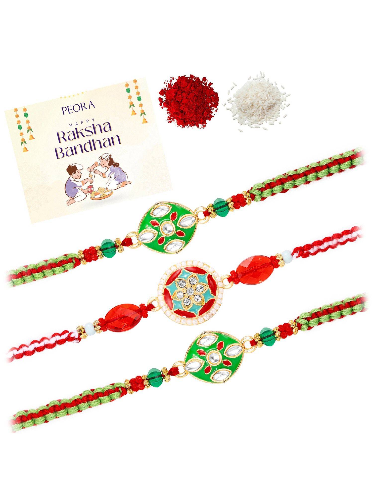 Peora Multi-Color Stone Thread Rakhis with Greeting Card (Pack of 3)