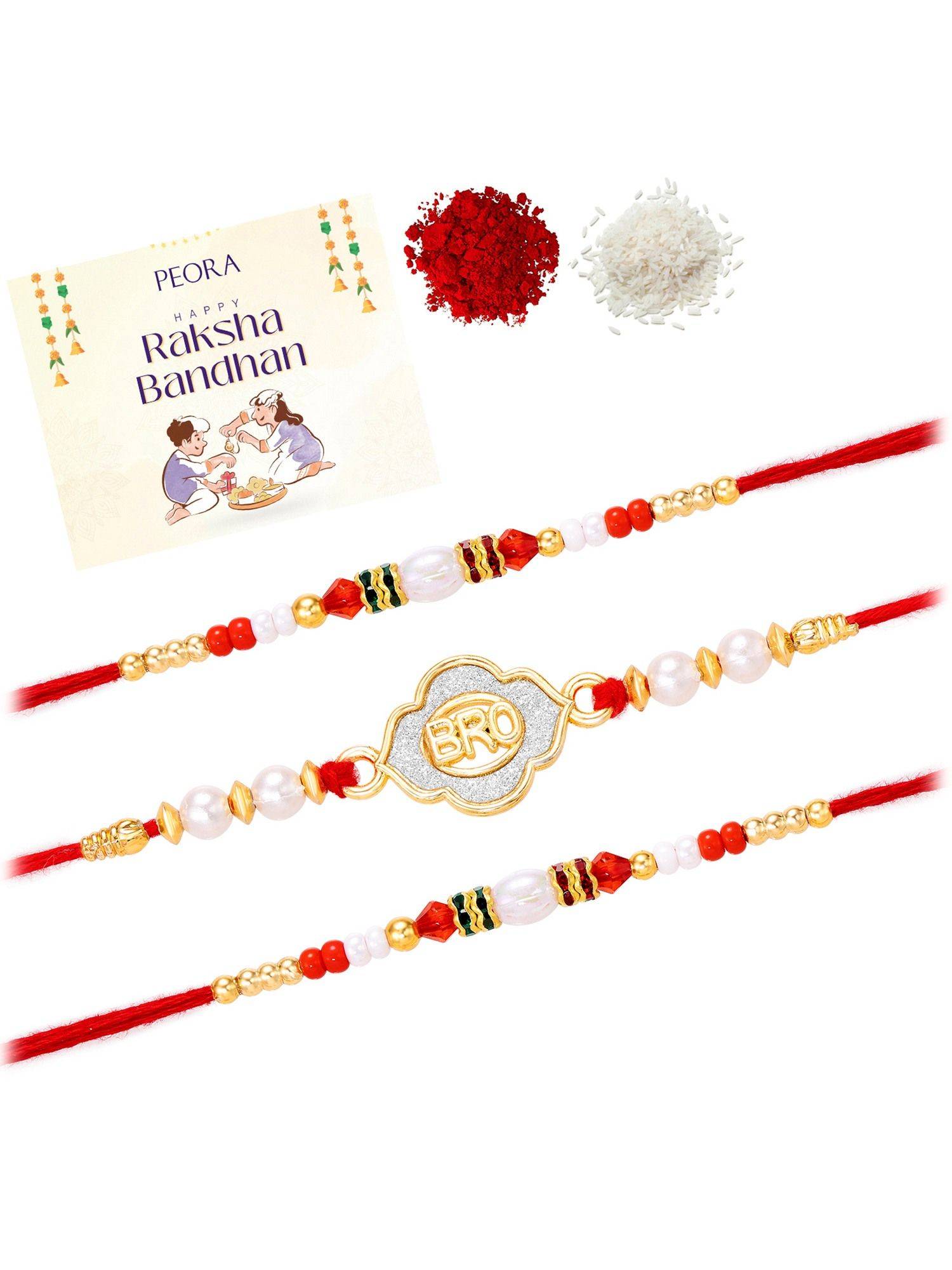 Peora Multi-Color Beads Stone Thread Rakhis with Greeting Card (Pack of 3)