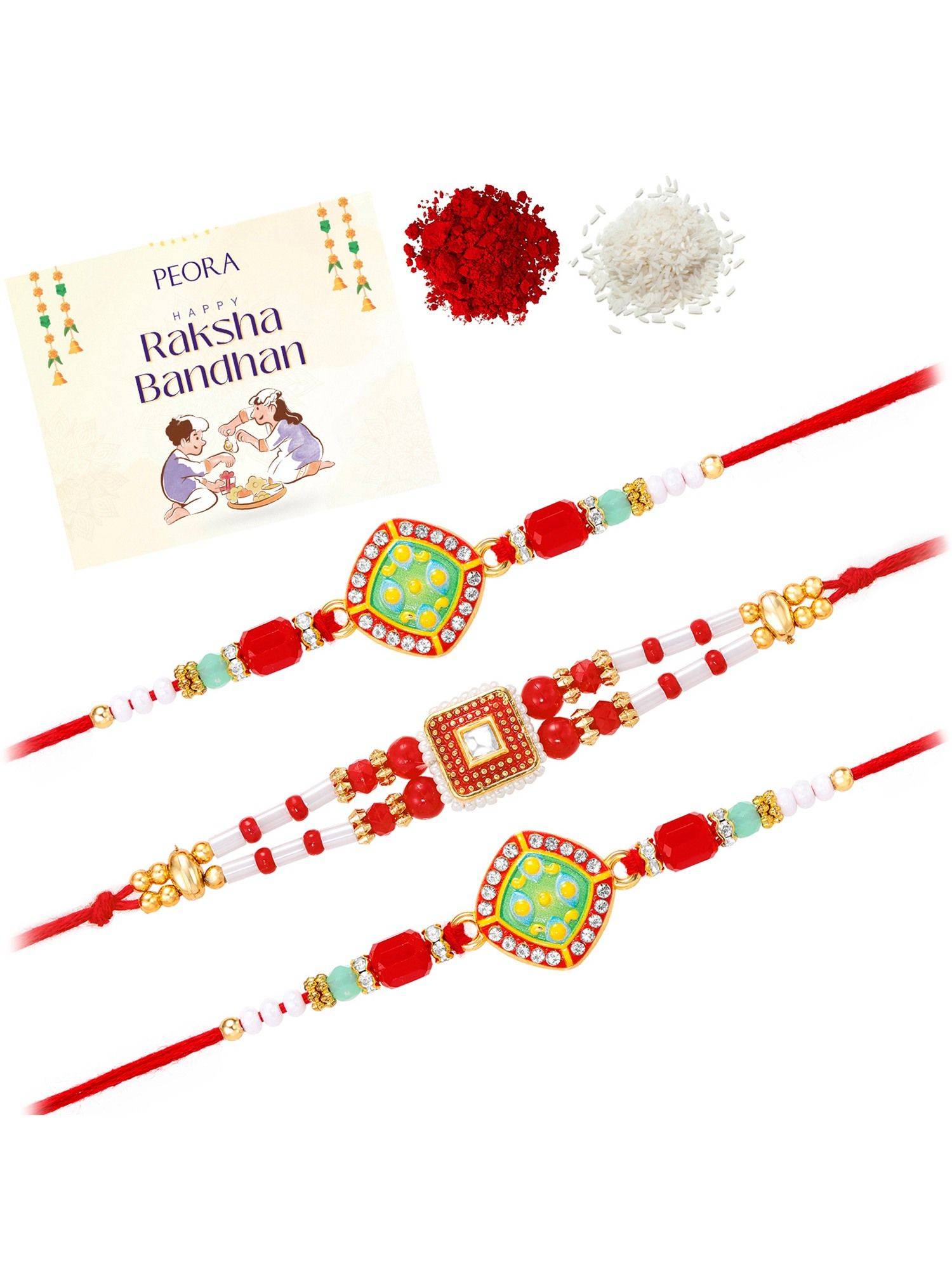 Peora Multi-Color Beads Stone Thread Rakhis with Greeting Card (Pack of 3)