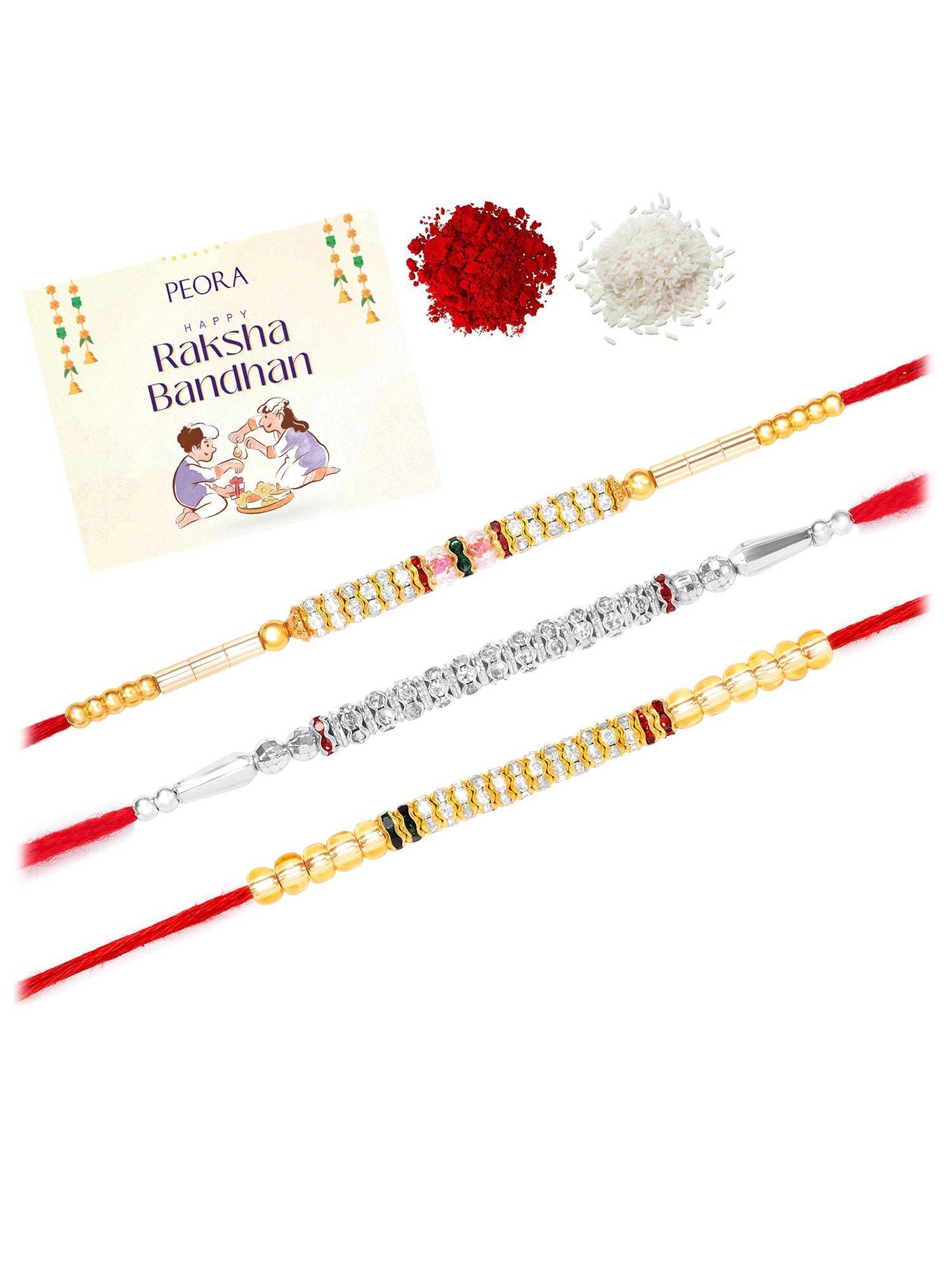 Peora Multi-Color Stone Thread Rakhis with Greeting Card (Pack of 3)