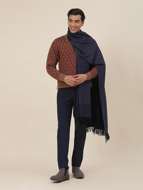 Fabindia Navy Blue Wool Woven Men Shawl