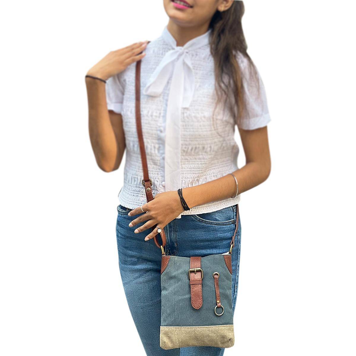 Mona B Women Navy Blue Canvas Vintage Sling Bag