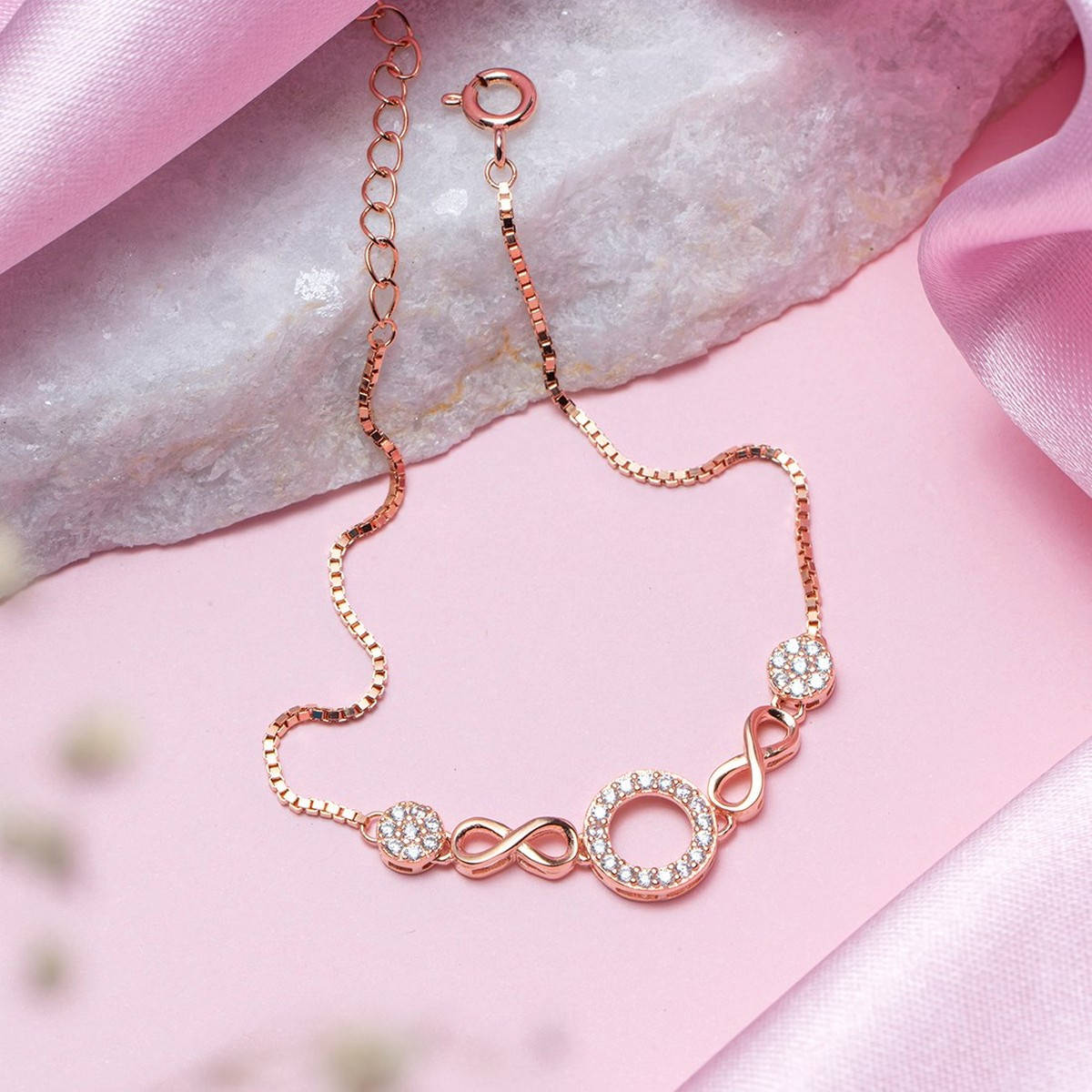 Zavya Eternal Circles Rose Gold Plated 925 Sterling Silver Bracelet with Cubic Zirconia
