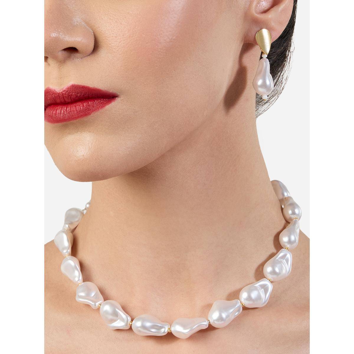 Zaveri Pearls White Baroque Pearls Toggle Clasp Necklace and Earring Set