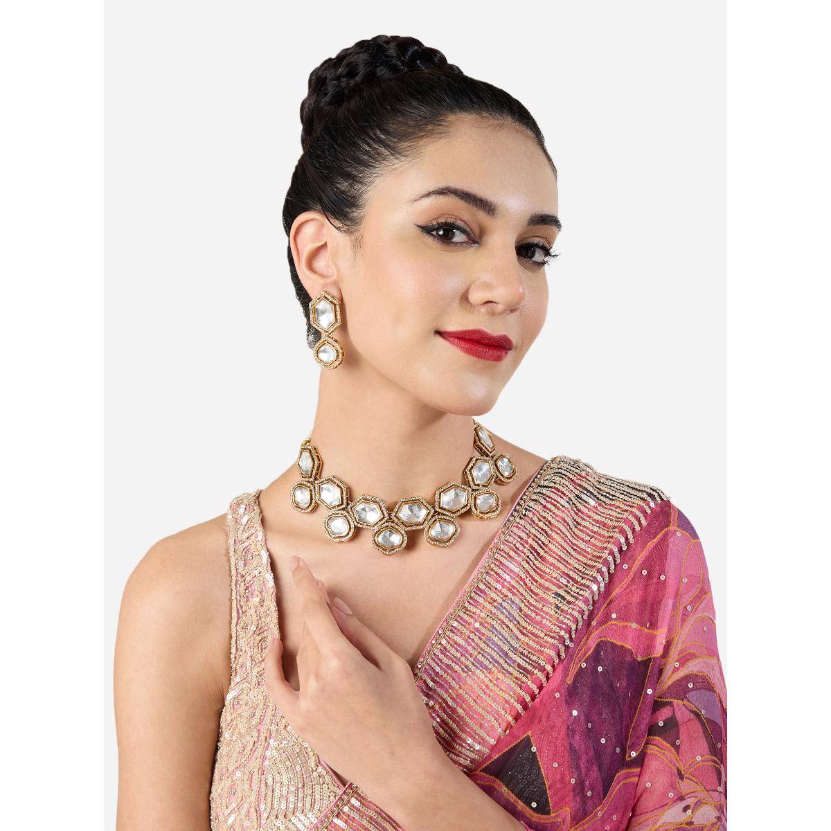 Zaveri Pearls Antique Gold Tone Stones Statement Necklace and Earring Set