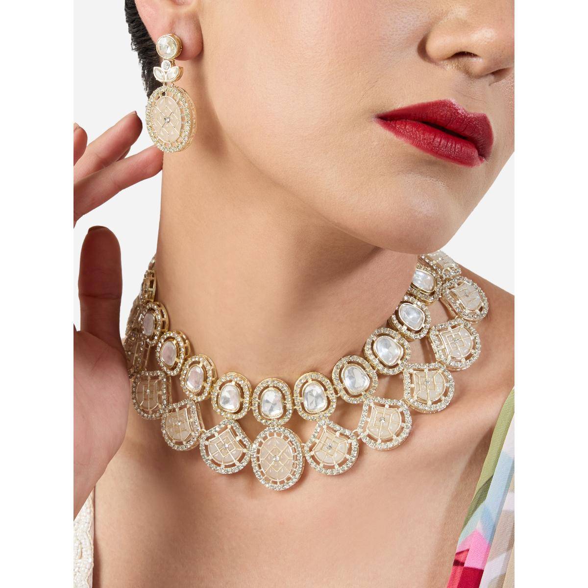 Zaveri Pearls White Stone Gold Tone Dazzling Austrian Diamonds Necklace and Earring Set