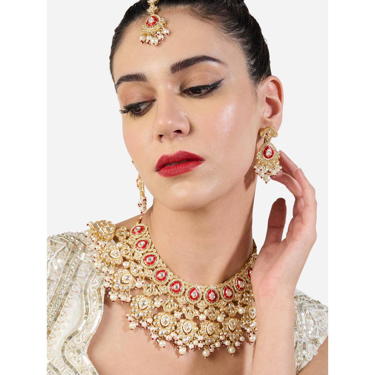 Zaveri Pearls Red Meenakari Stones Beads Necklace Earring and Maan Tikka Set