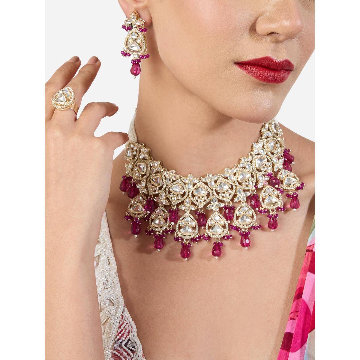 Zaveri Pearls Purple Beads Drop Stones Bridal Necklace Earring and Ring Set