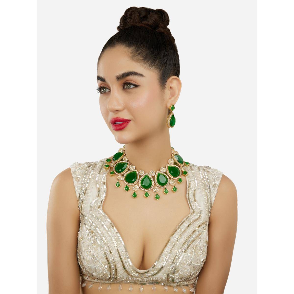 Zaveri Pearls Green and White Stone Dazzling Austrian Diamonds Necklace and Earring Set