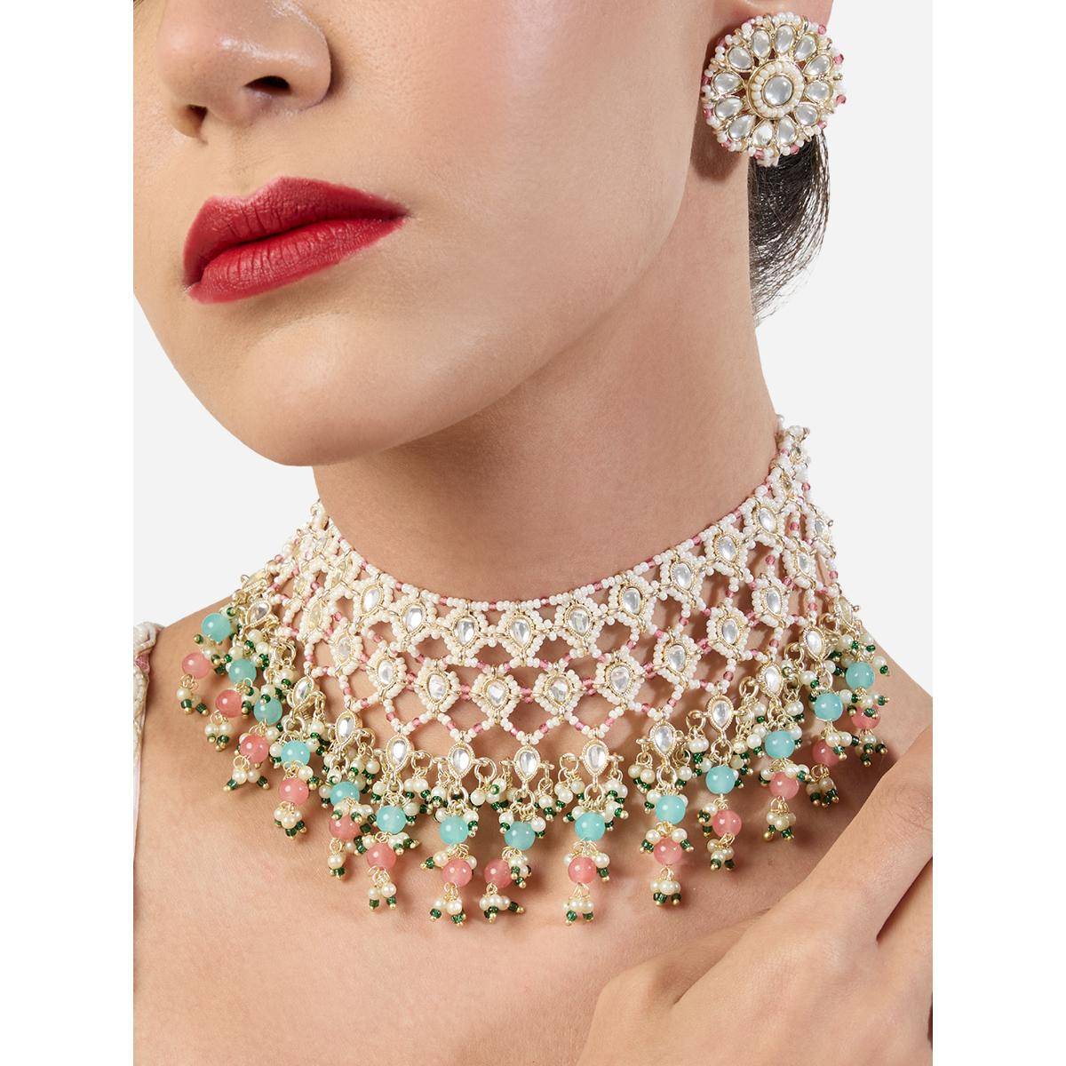 Zaveri Pearls Multicolour Clustered Beads Choker Necklace Earring and Ring Set
