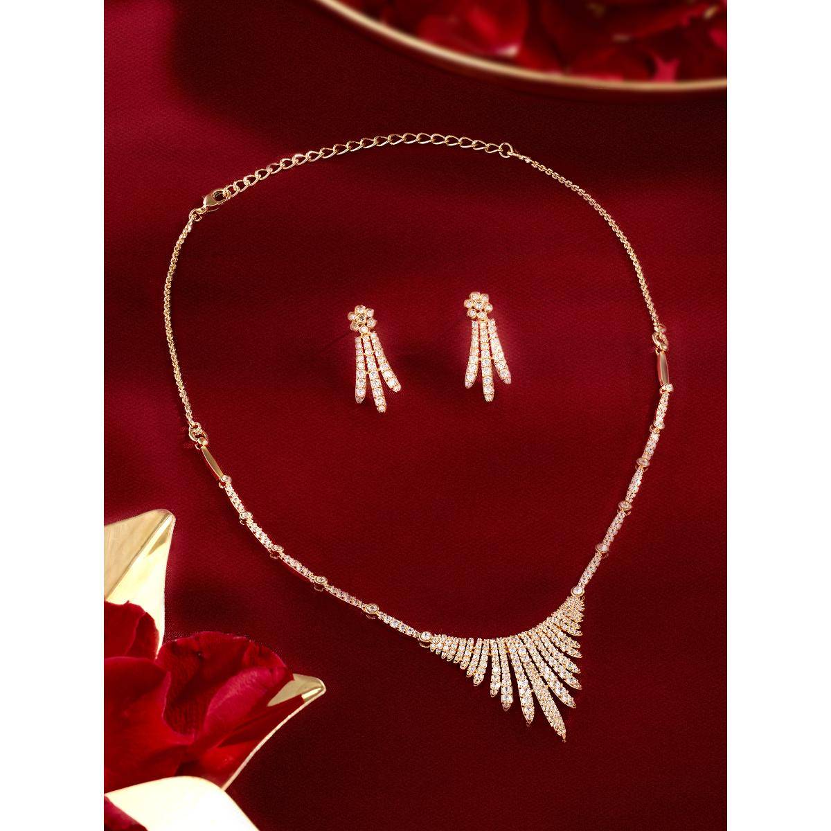 Zaveri Pearls Gold Tone Cubic Zirconia Cascading Necklace and Earring Set