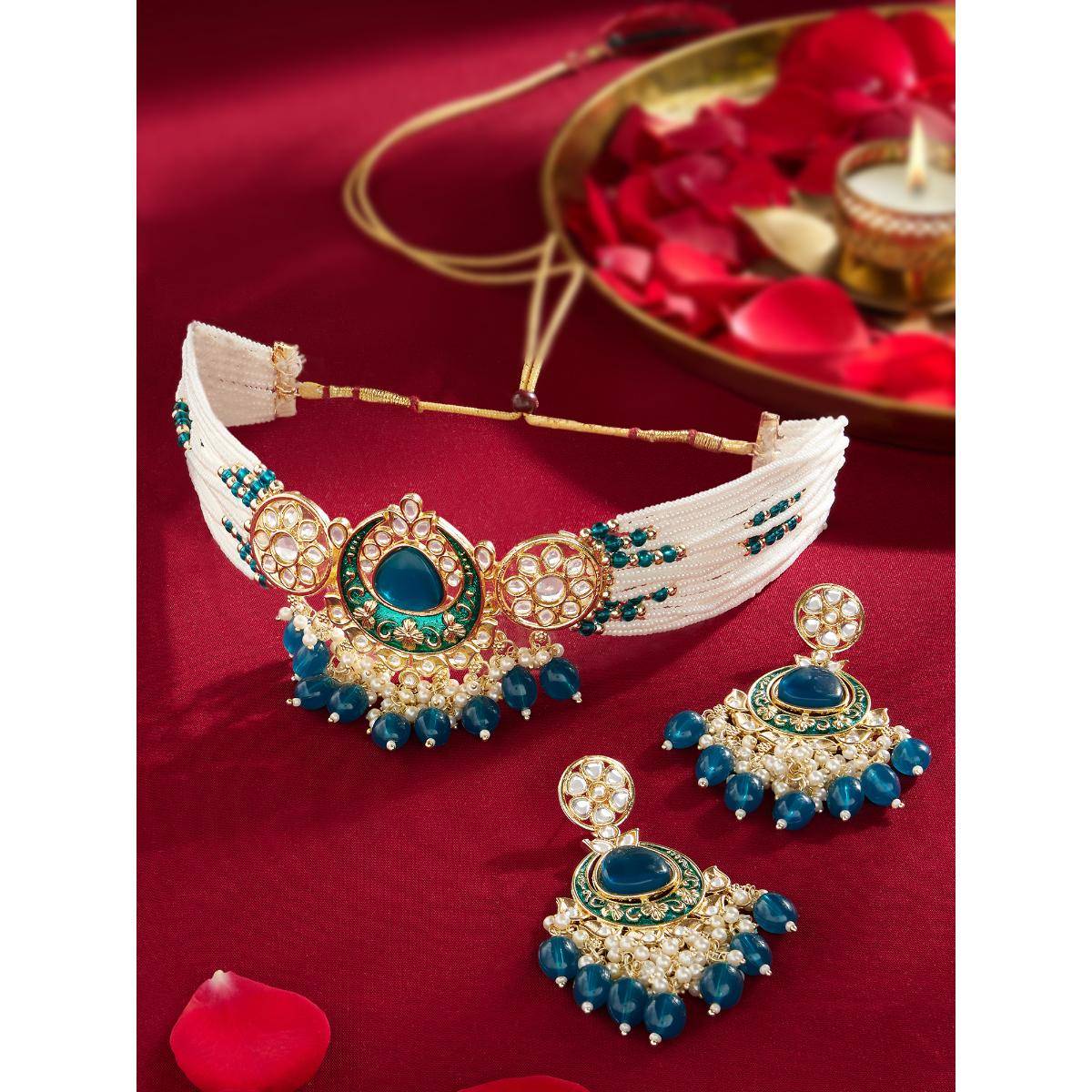 Zaveri Pearls Peacock Green and White Meenakari Kundan Choker Necklace and Earring Set