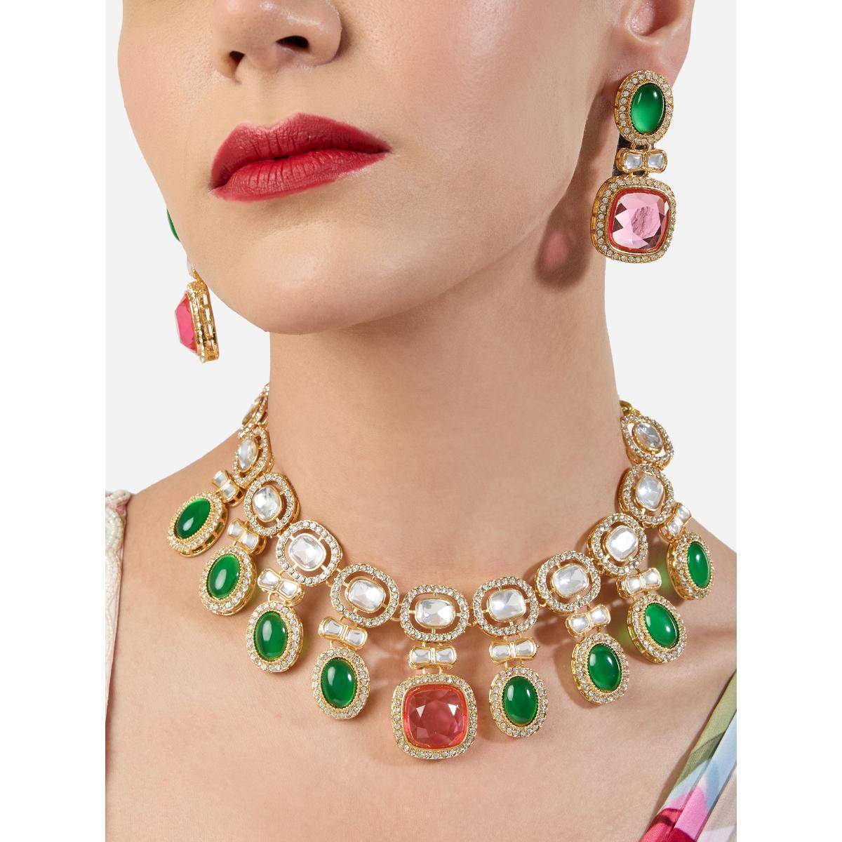 Zaveri Pearls Green and Pink Stones Austrian Diamonds Necklace and Earring Set