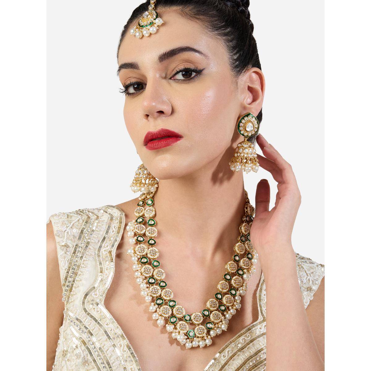 Zaveri Pearls Green Meenakari Kundan Pearls Necklace Earring and Maan Tikka Set