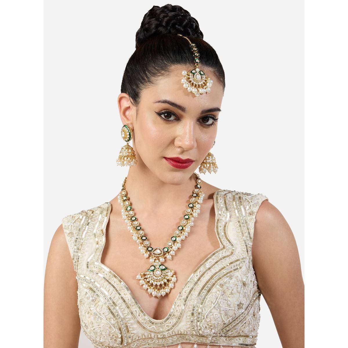 Zaveri Pearls Green Meenakari Kundan Pearls Necklace Earring and Maan Tikka Set
