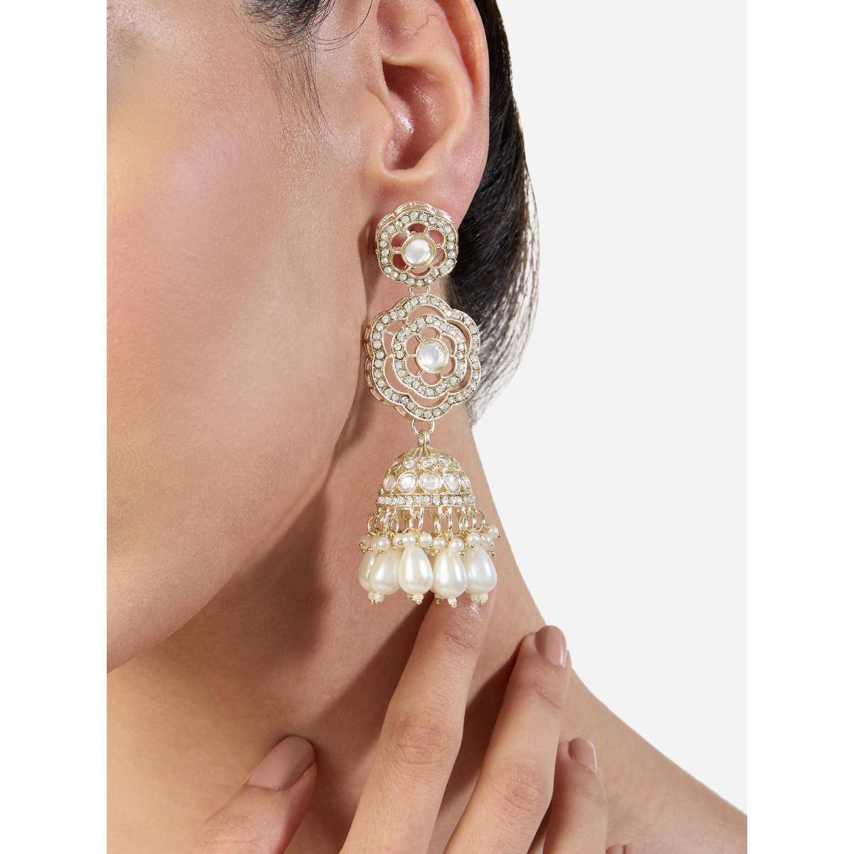Zaveri Pearls White Stone Gold Tone Austrian Diamonds and Cluster Beads Jhumka Earrings