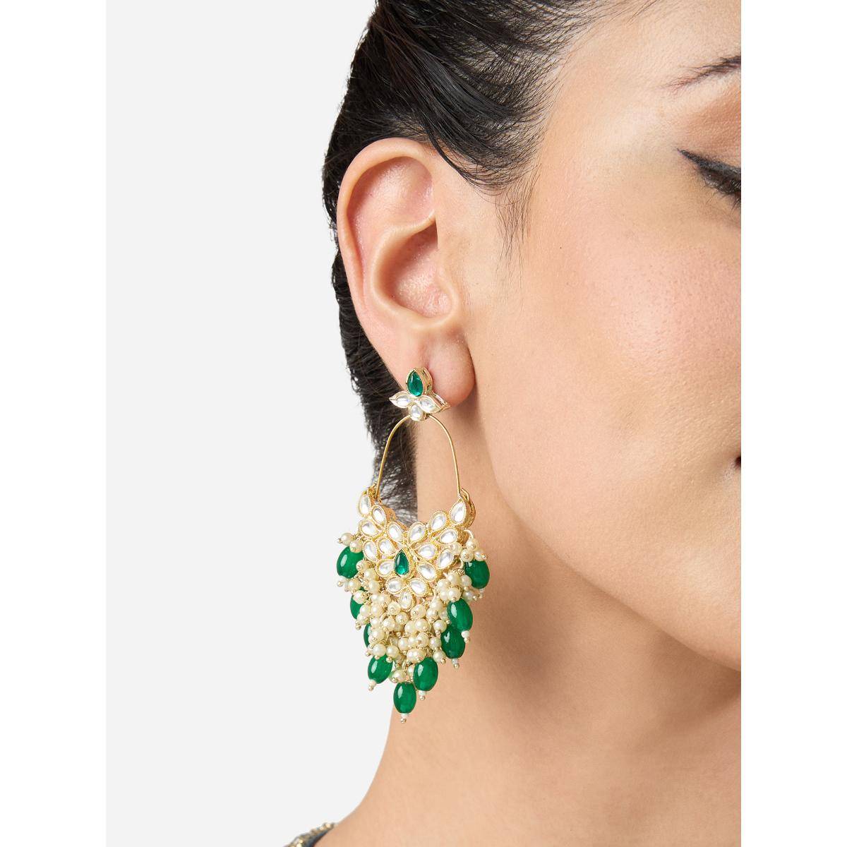 Zaveri Pearls Green Beads Stones Cluster Pearls Drop Dangler Earrings