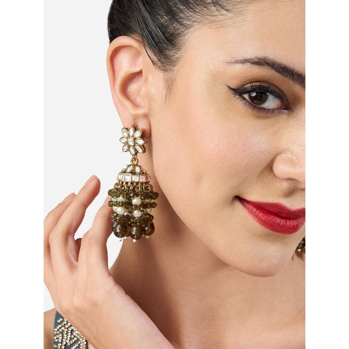 Zaveri Pearls Mehendi Green Clustered Beads Antique Plated Jhumka Earrings