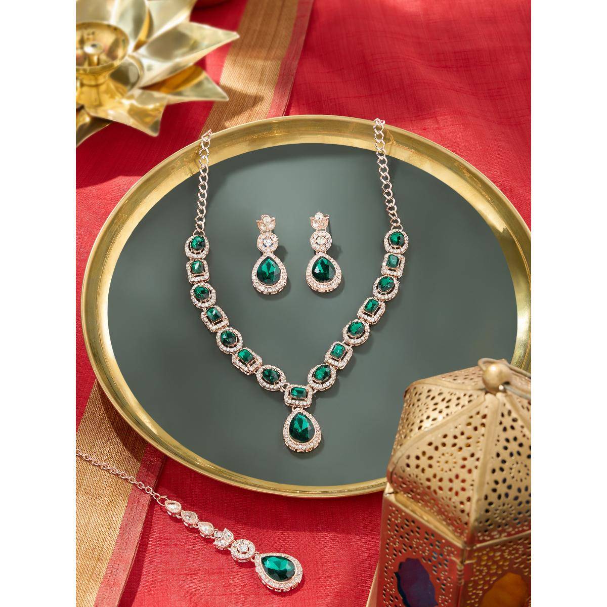 Zaveri Pearls Green and White Stones Diamonds Necklace Earrings and Maan Tikka Set