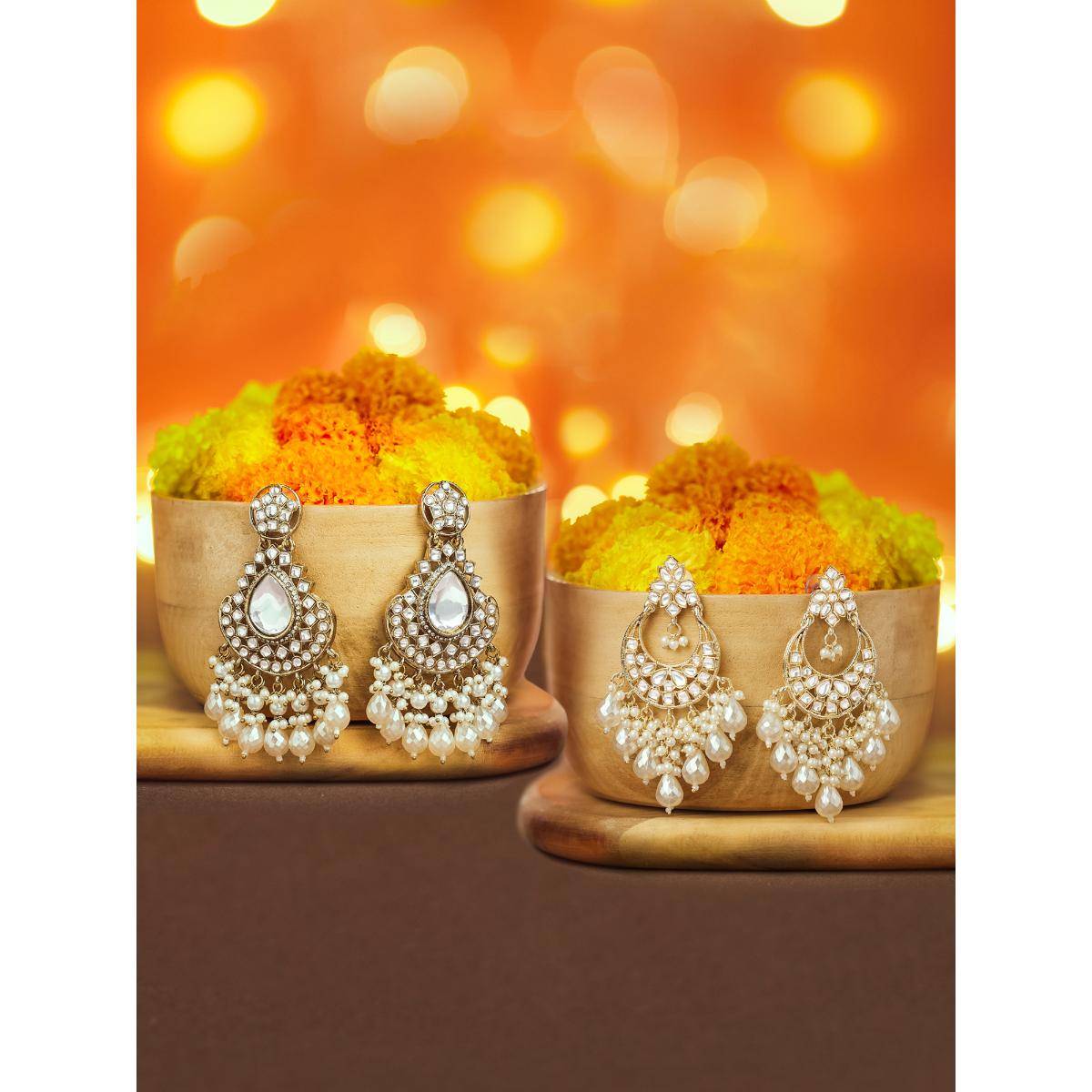 Zaveri Pearls White Stones and Cluster Beads Dangler Earrings (Pack of 2)