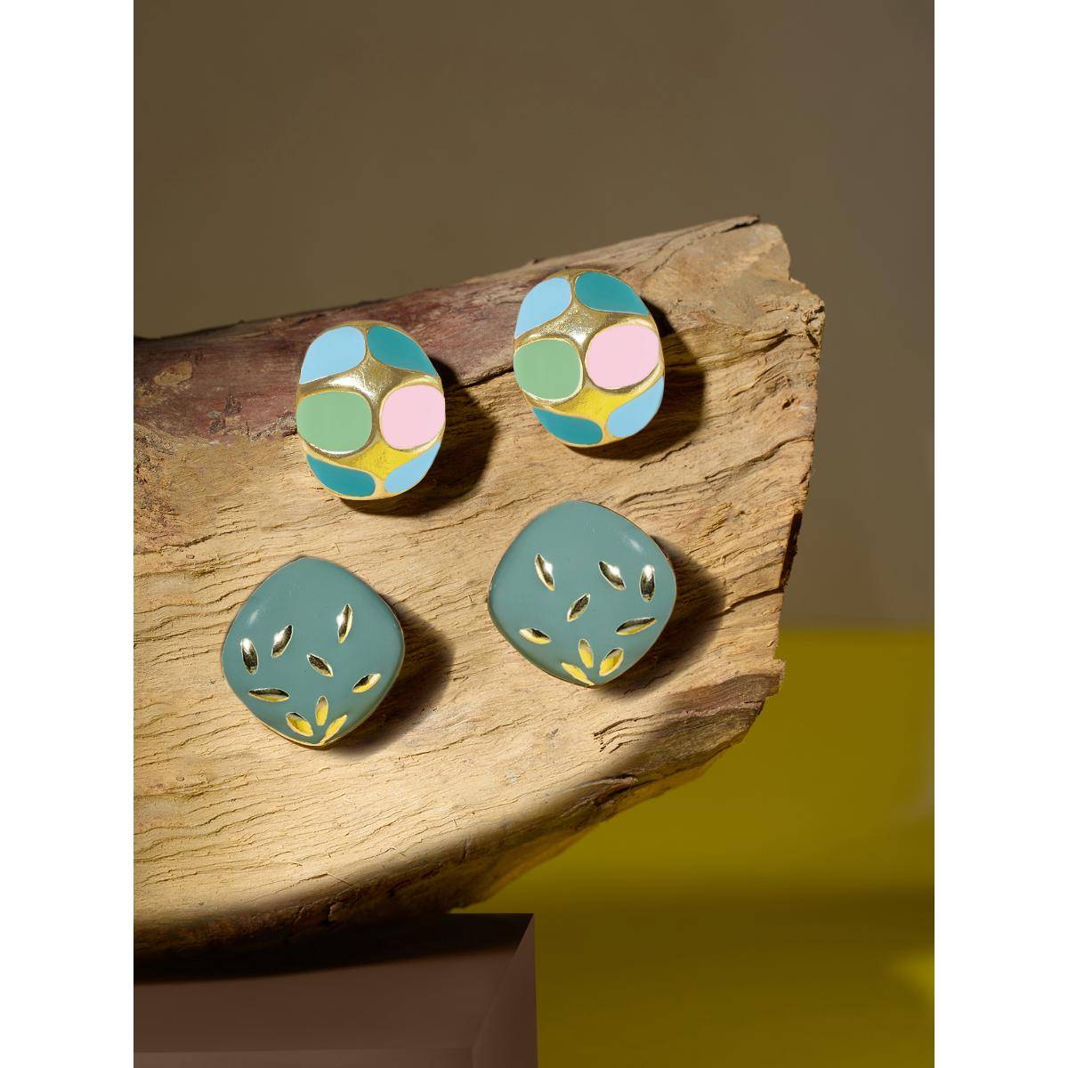 Zaveri Pearls Multicolour Enamel Contemporary Studs Earrings (Pack of 2)