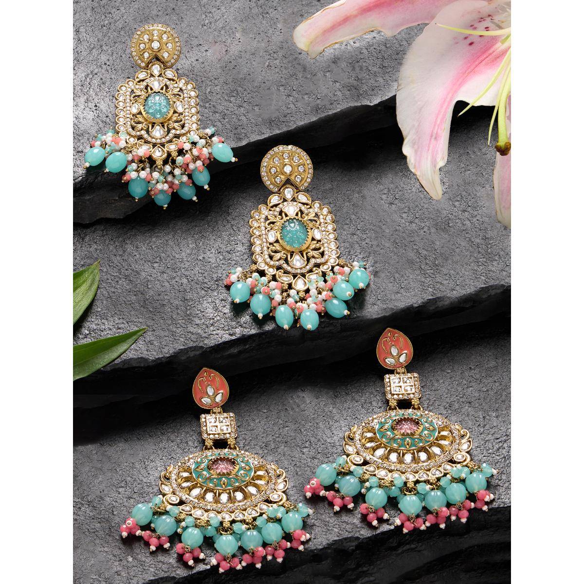 Zaveri Pearls Multicolour Meenakari Beads Kundan Dangle Earrings (Pack of 2)