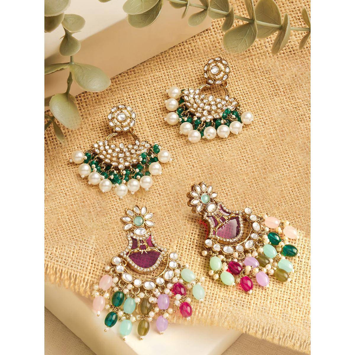 Zaveri Pearls Multicolour Stones Beads Drop Dangle Earrings (Pack of 2)